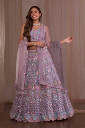 Lavender Mirrorwork Net Readymade Lehenga