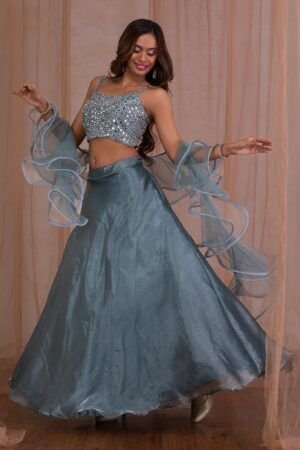 Grey Mirrorwork Tissue Readymade Lehenga